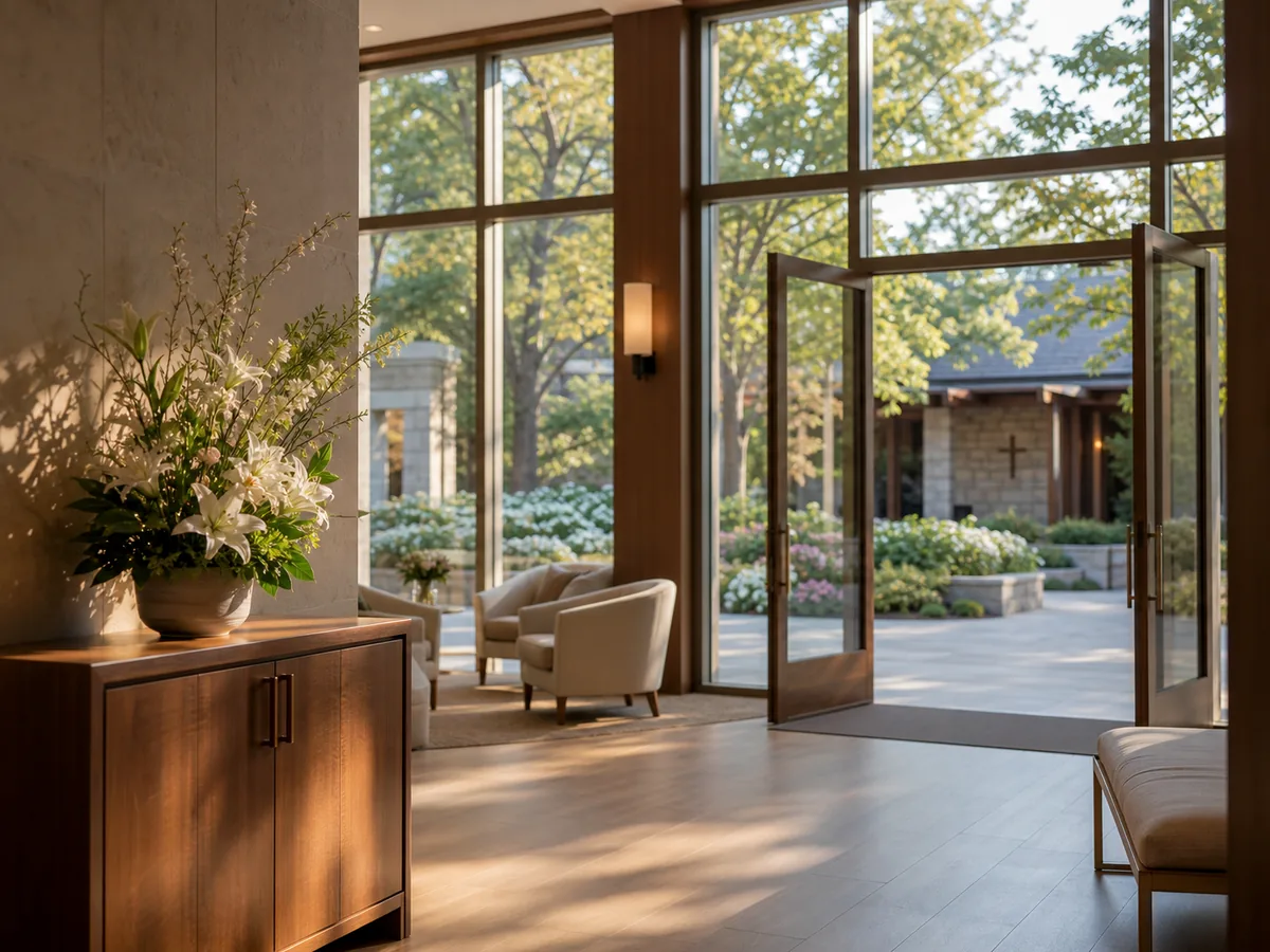 Welcoming funeral home lobby with warm chapel garden light
